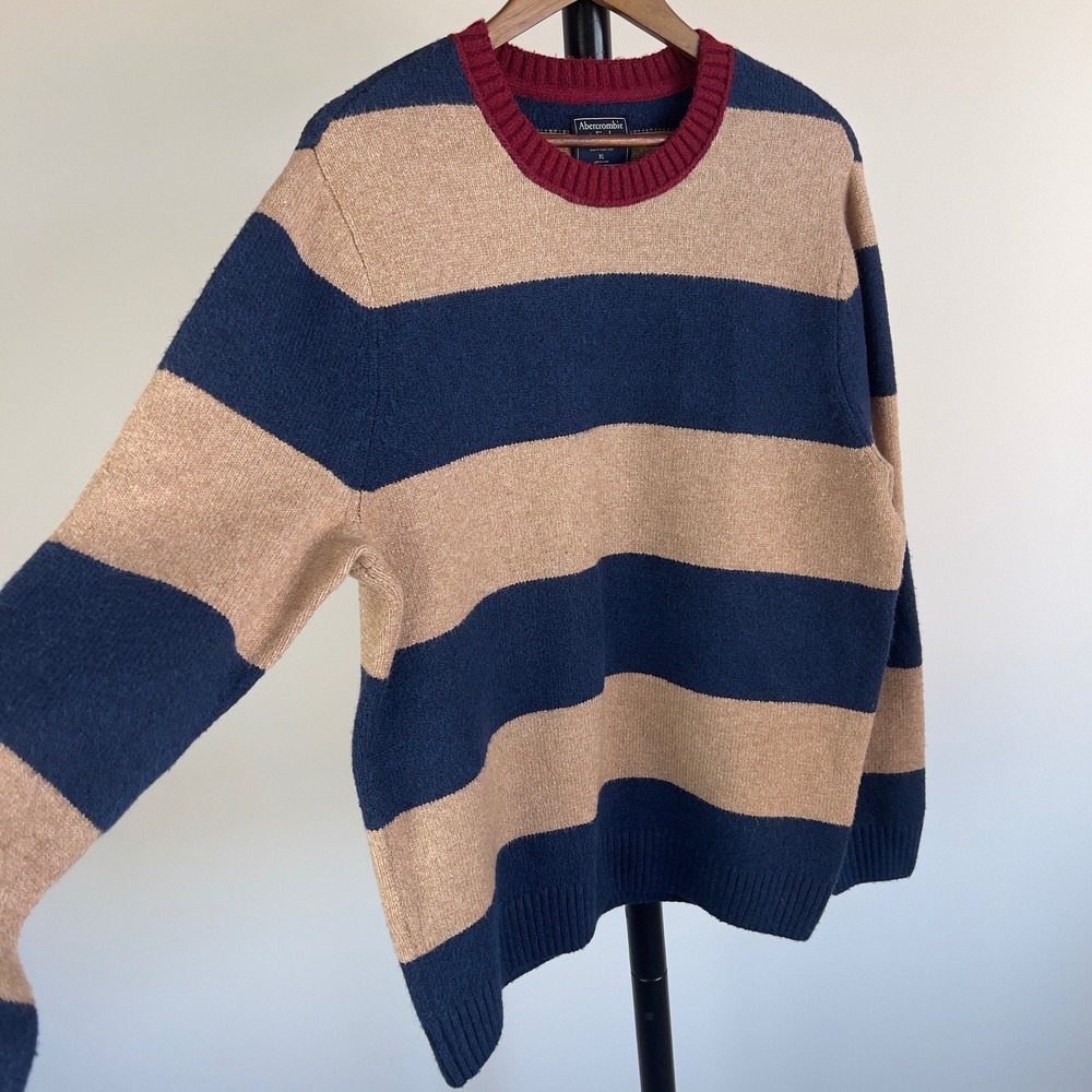 Abercrombie & Fitch Mens XL Heavyweight Striped Crewneck Sweater Navy Tan XL - Picture 4 of 11